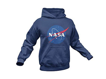 NASA Space Logo Printed Hoodie Sweatshirt- Kangaroo Pocket Unisex Hooded Sweater (Navy, Small)