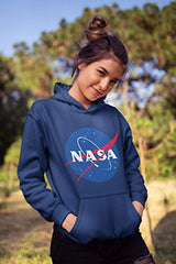 NASA Space Logo Printed Hoodie Sweatshirt- Kangaroo Pocket Unisex Hooded Sweater (Navy, Small)