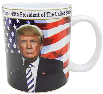 President Donald Trump ceramic mug. 45th President of the United States hot coffee or tea mug with gold rim