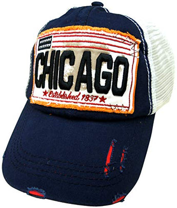 Embroidered Chicago Navy Cap - Fashionable Unisex Cotton Adjustable Distressed Chicago City Baseball Cap - Cap for Dad - Perfect Souvenir Gift for Men, Women & Kids