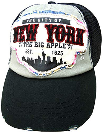 Embroidered New York Skyline Black Cap - Fashionable Unisex Cotton Adjustable Distressed New York City Baseball Cap - Cap for Dad - Perfect Souvenir Gift for Men, Women & Kids