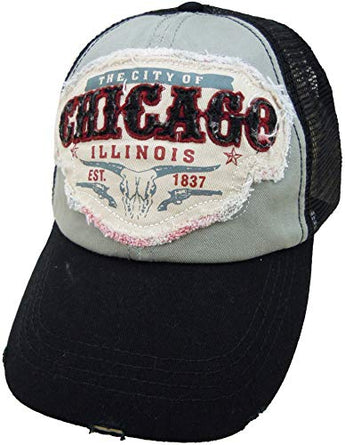 Embroidered Chicago Illinois Distressed Black Cap - Fashionable Unisex Cotton Adjustable Chicago City Baseball Cap - Cap for Dad - Perfect Souvenir Gift for Men, Women & Kids