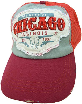 Embroidered Chicago Illinois Distressed Orange Maroon Cap - Fashionable Unisex Cotton Adjustable Chicago City Baseball Cap - Cap for Dad - Perfect Souvenir Gift for Men, Women & Kids