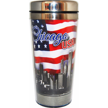 Chicago USA pAtrotic travel mug with american flag and city skyline