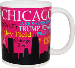 Chicago 11oz Pink Black Skyline Colorful Words Mug