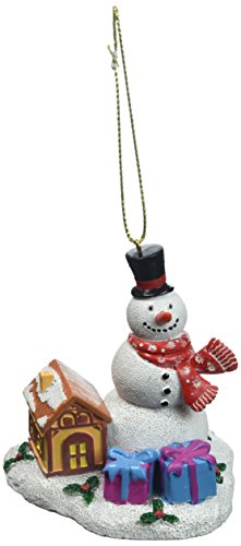 Snowman of Christmas with Hat, Christmas Scarf and Carrot with a Snowy Base Hanging or Standing Christmas Ornament- Featuring a Log Cabin