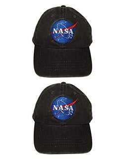 NASA Worm Space Embroidery Logo Black Cap Value 2 Pack | Fashionable Unisex Cotton Low Profile Distressed Vintage Baseball Cap Trucker Hat