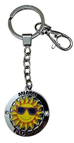 Miami Florida Silvertone Key Ring Glazing Smiling Sun Keychain with Black Sunglass for Bag & Car Jewelry Accessory | Perfect Souvenir Gift Collection