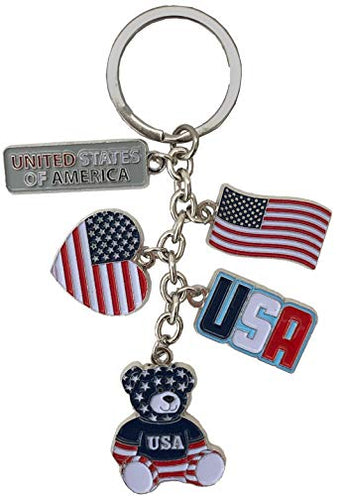 USA Flag Key Ring Heart Shape 3 Charm Silvertone Panda Keychain for Bag & Car Jewelry Accessory | Perfect Souvenir Gift Collection for Patriotic American People