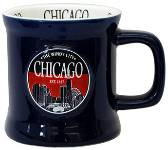 Chicago The Windy City Skyline Souvenir Cobalt Vintage Embossed Durable Ceramic Coffee Mug