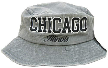 Embroidered Chicago Illinois Distressed Grey Bucket Hat - Fashionable Unisex Cotton Chicago City Summer Travel Hat - Hat for Dad - Perfect Souvenir Gift for Men, Women & Kids