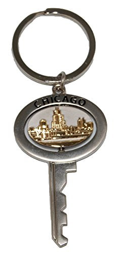 Chicago Souvenir Metal Replica Key Keychain Featuring The Famous Chicago Skyline That Spins