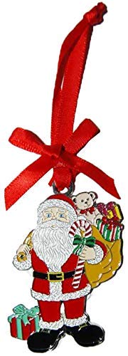 CityDreamShop Santa Coming with Gifts Metal Engraved Christmas Seasonal Decorative Ornament- Featuring Red Ribbon