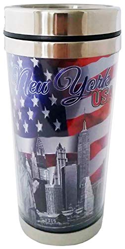 New York City Skyline Waving Flag of The USA Souvenir Outdoor Stainless Steel Insulated Travel Mug