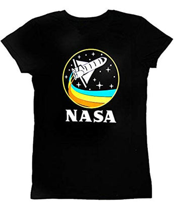 CityDreamShop NASA Retro Rocket-Ship Ladies Cut T-Shirt (Large) Black