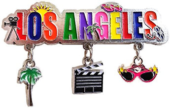 Los Angeles California, Hollywood Themed 3 Charm Souvenir Refrigerator Magnet Featuring Hollywood Camera, Cool Shades and Palm Trees
