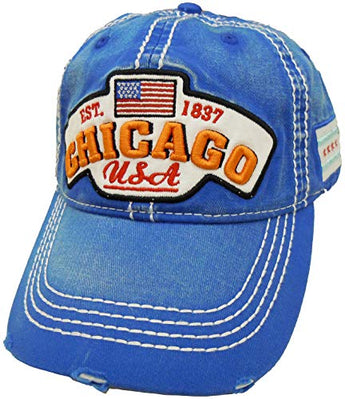 CityDreamShop Embroidered Chicago USA Flag Distressed Blue Cap - Fashionable Unisex Cotton Adjustable Chicago Baseball Cap - Cap for Dad - Perfect Souvenir Gift for Men, Women & Kids