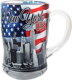 CityDreamShop New York USA Glass Beer Mug- Featuring The New York Skyline and American Flag