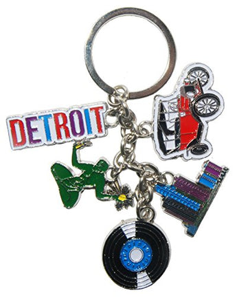 Detroit Michigan 5 Charm Souvenir Keychain Featuring Detroit Skyline, Motown Music and The Classic car