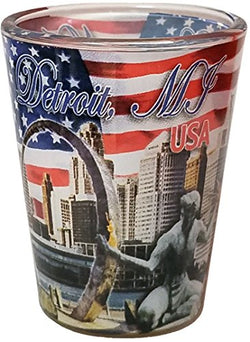 Detroit MI Souvenir Skyline Shot Glass Featuring the USA Flag as a Backdrop