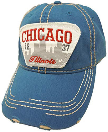 Embroidered Chicago Illinois Distressed Blue Skyline Cap - Fashionable Unisex Cotton Adjustable Chicago City Baseball Cap - Cap for Dad - Perfect Souvenir Gift for Men, Women & Kids
