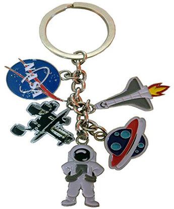 NASA 5 Charm Keychain- Featuring Rocketship, Astronaut, Mars Rover and Planets Charms