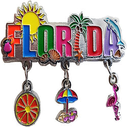 Florida 3 Charm Souvenir Magnet Featuring the Sunshine State Beach Umbrella's, Florida Oranges and a Flamingo