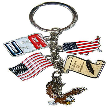 Patriotic 5 Charm Keychain- Featuring Classic USA Icons Including Bald Eagle, Deceleration of Independence our Flag and more