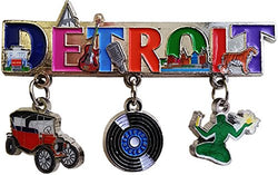 Detroit Michigan 3 Charm Souvenir Magnet featuring Motown Music, Famous Landmark and the classic car