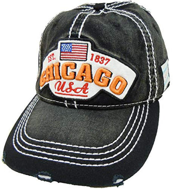 Embroidered Chicago USA Flag Distressed Black Grey Cap - Fashionable Unisex Cotton Adjustable Chicago City Baseball Cap - Cap for Dad - Perfect Souvenir Gift for Men, Women & Kids