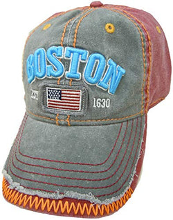 Embroidered Boston USA Flag Maroon Grey Cap | Fashionable Unisex Cotton Adjustable Distressed Boston City Baseball Cap | Cap for Dad | Perfect Souvenir Gift for Men, Women & Kids