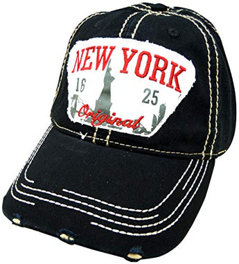 Embroidered New York Original Black Cap - Fashionable Unisex Cotton Adjustable Distressed New York City Baseball Cap - Cap for Dad - Perfect Souvenir Gift for Men, Women & Kids