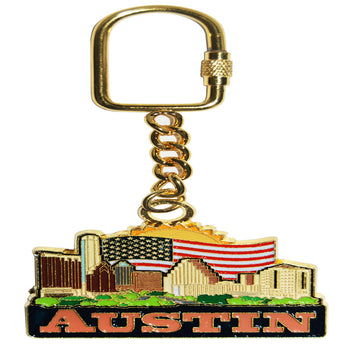 Austin Texas city skyline keychain with sun and american flag