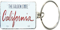 California License Plate Keychain white and red in script 