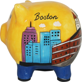 yellow handpanited boston piggy bank with city skyline