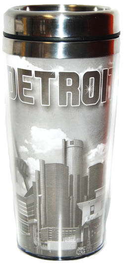 black and white detroit travel mug with city skyline 