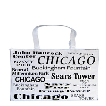 White chicago tote bag with all the things that make the windy city famous in black