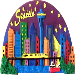 purple magnet eith train and space needle and stars and building