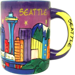 purple seattle coffe mug space needle yeloow word